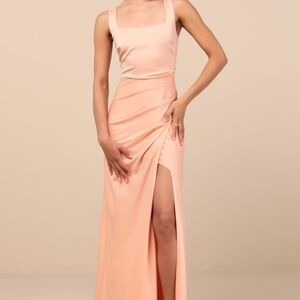 Lulus Red Carpet Romance Peach Satin Square Neck Maxi Dress Pink - Size XL